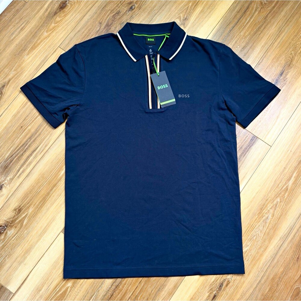 BOSS Hugo Boss Philix GOC Mens Active Slim Fit Polo Shirt Zip Navy Blue L